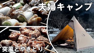 【夫婦キャンプ】突風の吹き荒れる中、久々に炭火で焼き鳥を楽しんで来ました。