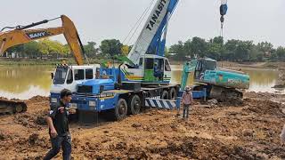 นาทีระทึก รถเครนยก Kobelco sk200 ขึ้นจากสระ จะรอดหรือจะร่วง