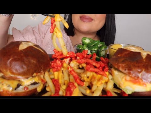 ASMR Double Cheeseburgers ☆ Hot Cheetos Cheese Fries Real Sound Mukbang ...