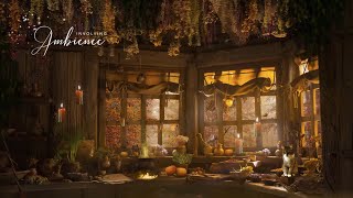 Cozy Witch's Cabin in Autumn Forest ASMR Ambience🍄🍂Rain, Thunder, Witchy Kitchen Sounds, Soft Music