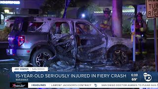 Teen driver hospitalized after fiery crash