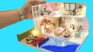 6 DIY BARBIE DOLLHOUSE ROOMS DECOR with BEDROOM, SWIMMING POOL, PARKING ETC.