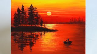 Sunset Painting | Sunset Painting for Beginners | Sunset on the Lake Acrylic Painting
