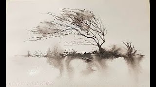 Really Easy Beginner's 5 MINUTE Winter Trees Experiment! Watercolor ink landscape panting Tutorial