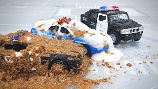 Pretend Play Car Wash with Police Toy Cars | Kids' Police Car Toy is Covered with Mud