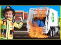 Garbage truck fire rescue with kids fire truck vehicle and firefighter pretend play | Super Krew