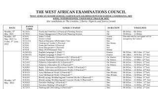 2022 Final International Timetable for WASSCE WAEC for School Candidates PDF