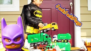 Opening Toy Trucks in Batman Costume! Huge Surprise Unboxing with Garbage Vehicles | JackJackPlays