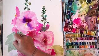 Watercolour painting hollyhocks