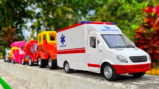Satisfying Toy Ambulance, Auto Rickshaw, Jeep Car & Mixer Truck Hand Driving On Boundary Wall