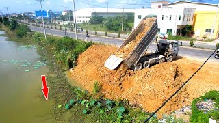 Full Action Start project Wonderful Heavy Dump truck 25T unloading stone Landfilling delete pond.