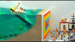 Lego Dam Breach Experiment - Lego People Against Tsunami & Danger of Dam Break & Titanic Sinking