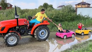 Sofia stuck in the mud Dad on tractor Saving kids
