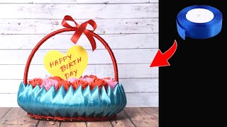 Craft with ribbon # DIY Birthday gift showpiece at home # How to make basket with satin ribbon.