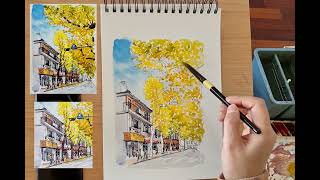 은행나무가 있는 거리풍경/어반스케치/은행나무 그리기/가을풍경/watercolor/urban sketche