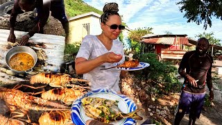 my guests enjoying dip and roasted fish and lobster for the first time