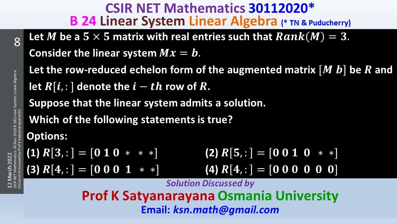 CSIR NET Mathematics 30 Nov 2020 B 28 Linear System LA Solution ...