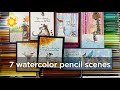 7 Watercolor Pencil Scene Cards with regular pencil techniques