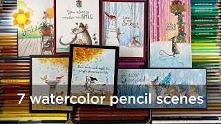 7 Watercolor Pencil Scene Cards with regular pencil techniques