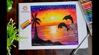 How to draw a Dolphin🐬 landscape Sunset scenery drawing with oil pastel -Step by step for beginners