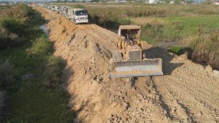 Massive Heavy Bulldozer Skills Fail Parking Into The Water And Recovery Dump Truck Unloading Dirt