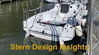 Frisbee dynamics, stern design, and asymmetric hulled catamarans