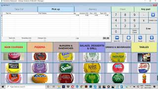 RetailMan Ezisolution Restaurant POS with Menu buttons and items with pictures. Sales demonstration.