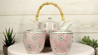 Ebros Japanese Red Cherry Blossom 20oz Ceramic Tea Pot and Cups Set Serves 4 People