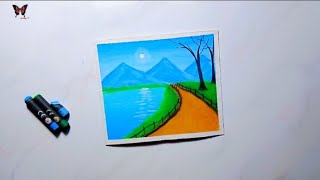 How to draw scenery with oil pastel for beginners | Easy oil pastel drawing