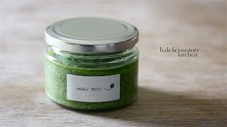 Basic Green Pesto(: pasta with basil pesto and crispy pancetta)