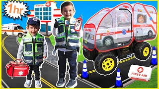 Emergency vehicle compilation with kids ambulance, fire truck, and police car education | Super Krew
