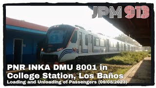 PNR PT INKA DMU 8001 boarding passengers at College Station, Los Baños, Laguna (09/08/2023)