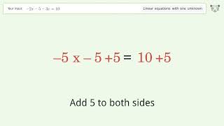 Linear equation with one unknown: Solve -2x-5-3x=10 step-by-step solution