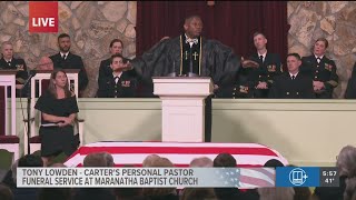 President Jimmy Carter's personal pastor Tony Lowden delivers message at hometown funeral service