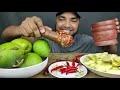 eating green mango with spicy chilli sauce eating show spicy food eating green food mukbang