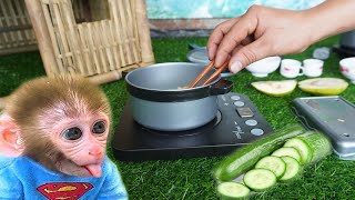 Bibi Mini Cooking Monkey Baby Bon Bon - Baby Monkey Eat Cucumber - Monkey Life