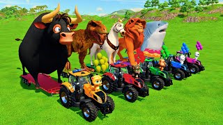 TRANSPORTING GIANT FERDINAND COWS, HORSES, DINOSUAR ,LION WITH MINI TRACTORS - Farming Simulator 22!