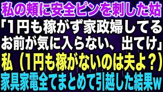 【スカッとする話】私の頬に安全ピンを刺した姑「1円も稼がず家政婦してるお前が気に入らない、出てけ」私（1円も稼がないのは夫よ？）家具家電全てまとめて引越した結果