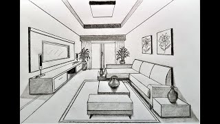 How to draw a living room in 1 point perspective