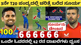 3ನೇ T20 ಪಂದ್ಯದಲ್ಲಿ ಚರಿತ್ರೆ ಬರೆದ ಸೂರ್ಯ , ಒಂದೇ ಓವರನಲ್ಲಿ 42 ರನ ದಾಖಲೆಗಳು ದ್ವಂಸ