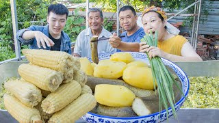 Potato, eggplant and corn in a large pot