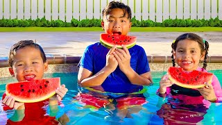 Alex Ellie and Kaden Learn Pool Rules: Watermelons and Waterslides