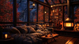 🍂⛈🔥 Autumn Thunderstorm with Lightning and Crackling Fireplace in a Cozy Cabin with large Windows