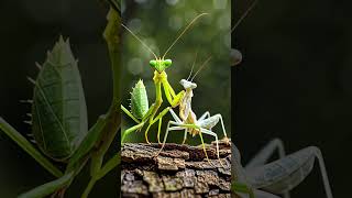 Two Praying Mantises in Different Colors #mantis #insects #animals #naturalife #cute #green #white