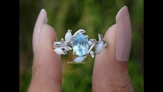 Aquamarine Oval Gemstone Leaf Style Accent Ring