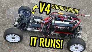 RAT ROD 4 CYLINDER V400 FOUR STROKE NITRO RC ENGINE - Build Series Part 5! YES, IT RUNS!! First Test