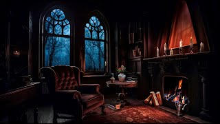 Cozy Victorian Home Library Ambience Stormy Night Heavy Rain and Thunder Relaxing Fire Crackle Sound