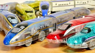 主要車両は出揃った！クリアボディは正義です☆プラレール テコロでチャージ！E7系新幹線かがやき しっかり走行のシャーシはもちろん透明感溢れるボディは最高☆少し足りないかもですがおおむね満足です！