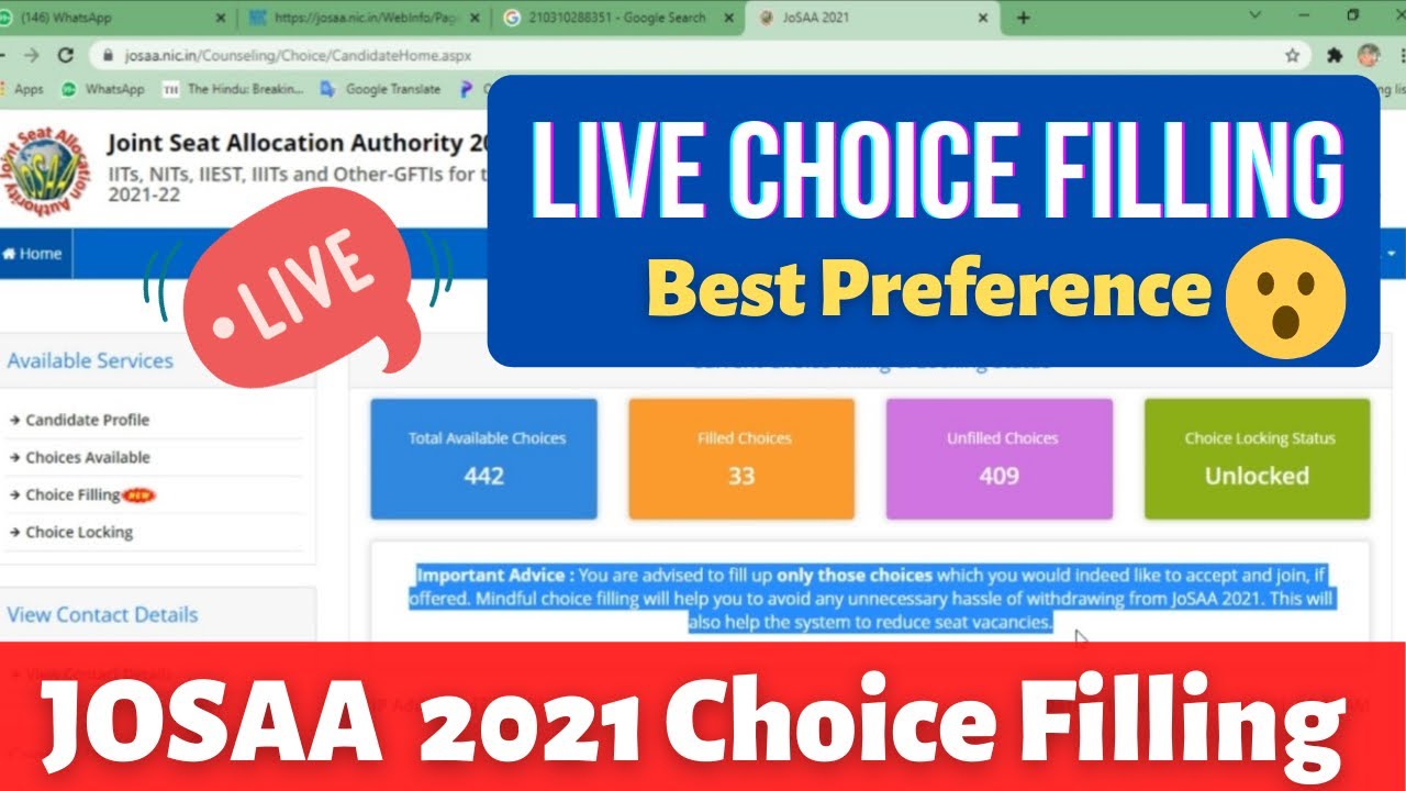 JOSAA Counselling 2021 Best Choice Filling Order At Your Rank || JOSAA ...