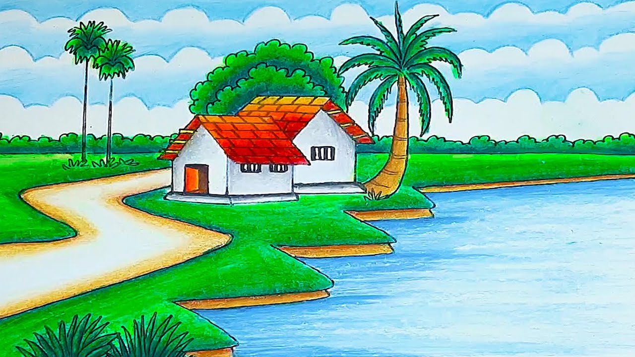 How To Draw Beautiful Village Scenery Indian Village Drawing Easy Step ...